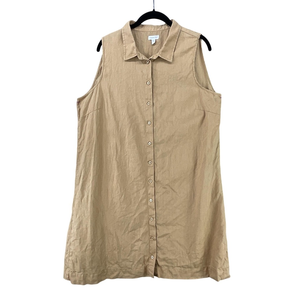 Garnet Hill Dress Womens 16 Beige Sleeveless Shirt Dress Linen Knee Length